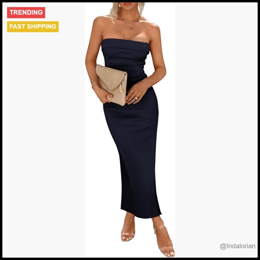 Strapless Ribbed Maxi Tube Dress with Side Slit Slim Fit Bodycon